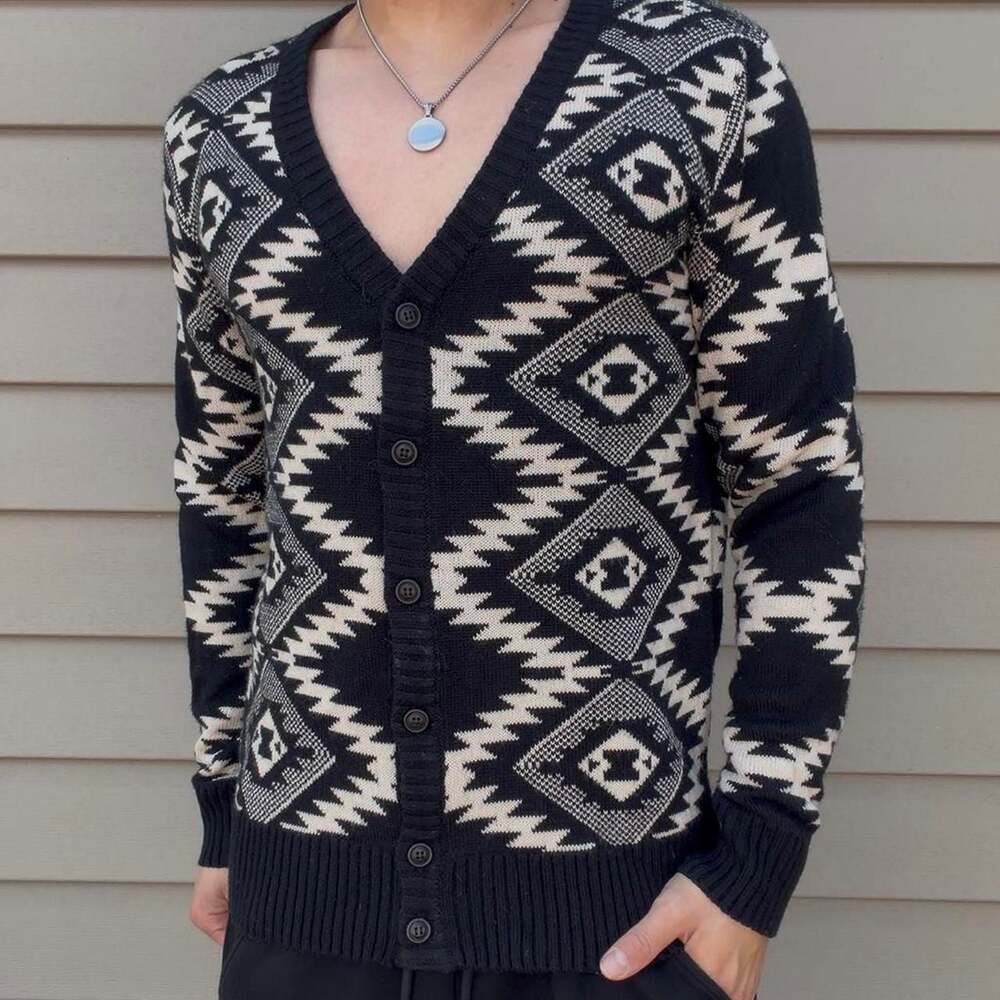 Vintage 21 Men Aztec Geometric Knit Cardigan, Coogi Style - Size M
